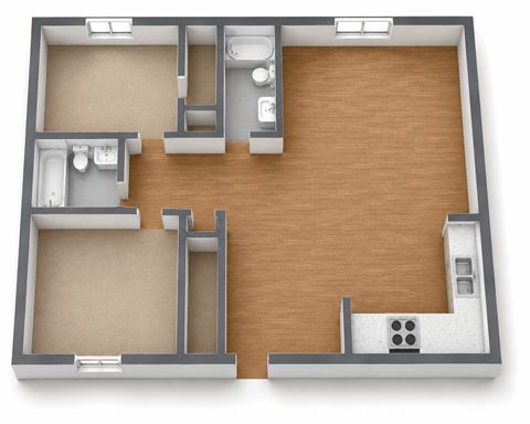 Floor plan for 2 beds, 2 baths